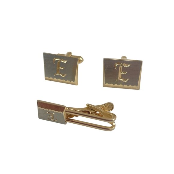 Gold-Plated Monogrammed "E" Cufflinks & Tie Clip Set - Picture 1 of 5